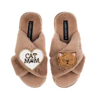 Laines London Women's Brown / Neutrals Classic Laines Slippers With Cat Mum/mom & Ginger Persian Cat Brooches - To