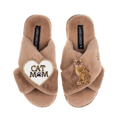 Laines London Women's Brown / Neutrals Classic Laines Slippers With Cat Mum/mom & Sitting Ginger Cat Brooches - To