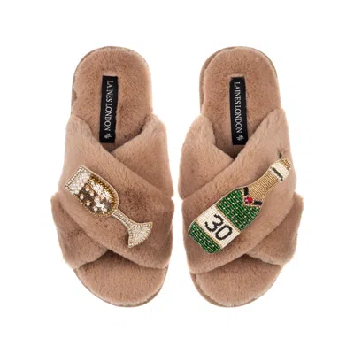 Laines London Women's Brown / Neutrals Classic Laines Slippers With Champagne & Glass 30th Birthday Brooches - Tof