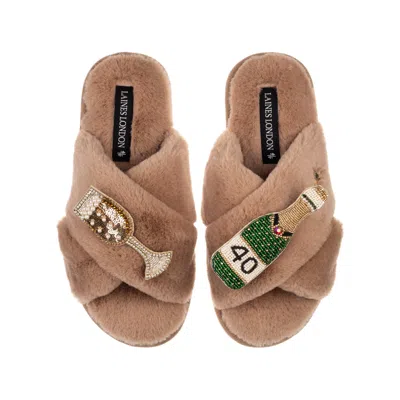 Laines London Women's Brown / Neutrals Classic Laines Slippers With Champagne & Glass 40th Birthday Brooches - Tof