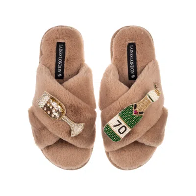 Laines London Women's Brown / Neutrals Classic Laines Slippers With Champagne & Glass 70th Birthday Brooches - Tof