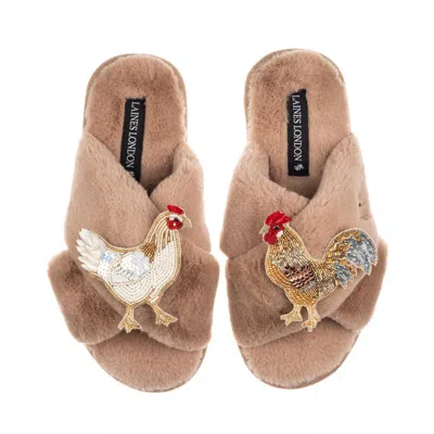 Laines London Women's Brown / Neutrals Classic Laines Slippers With Chicken & Cockrel Brooches - Toffee
