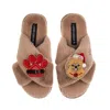 Laines London Women's Brown / Neutrals Classic Laines Slippers With Christmas Pomeranian & Paw Brooches - Toffee In Brown