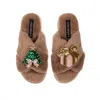 Laines London Women's Brown / Neutrals Classic Laines Slippers With Christmas Tree & Gift Brooches - Toffee In Brown