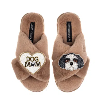 Laines London Women's Brown / Neutrals Classic Laines Slippers With Dog Mum / Mom & Black & White Shih Tzu Brooche