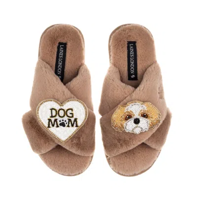 Laines London Women's Brown / Neutrals Classic Laines Slippers With Dog Mum / Mom & Gold & White Shih Tzu Brooches