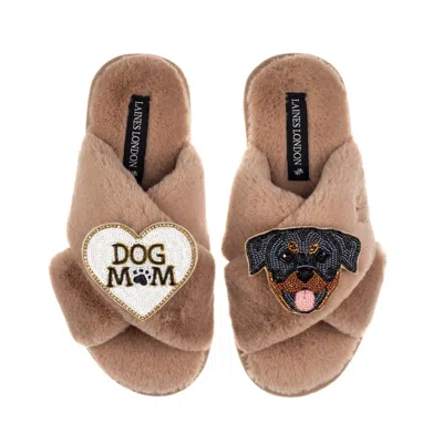 Laines London Women's Brown / Neutrals Classic Laines Slippers With Dog Mum / Mom & Rottweiler Brooches - Toffee