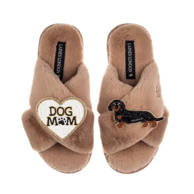 Laines London Women's Brown / Neutrals Classic Laines Slippers With Dog Mum/mom & Black & Tan Dachshund Brooches -