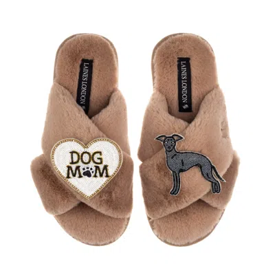 Laines London Women's Brown / Neutrals Classic Laines Slippers With Dog Mum/mom & Blue Italian Greyhound Brooches 