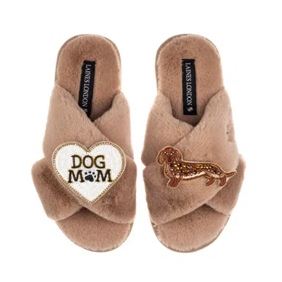 Laines London Women's Brown / Neutrals Classic Laines Slippers With Dog Mum/mom & Red Dachshund Brooches - Toffee In Multi
