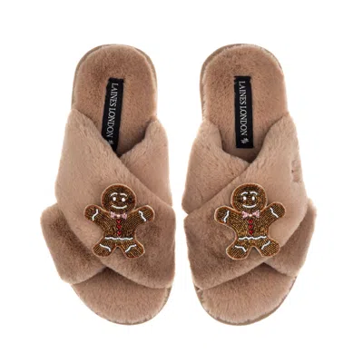 Laines London Women's Brown / Neutrals Classic Laines Slippers With Double Gingerbread Man Brooches - Toffee