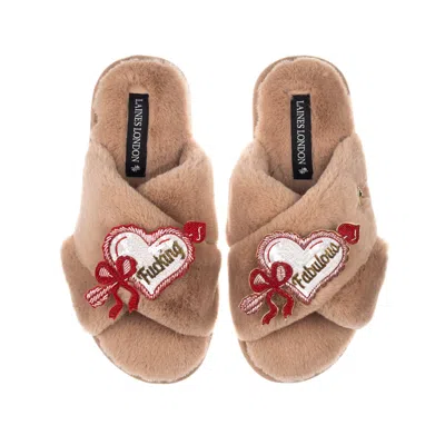 Laines London Women's Brown / Neutrals Classic Laines Slippers With Fucking Fabulous Hearts Brooches - Toffee