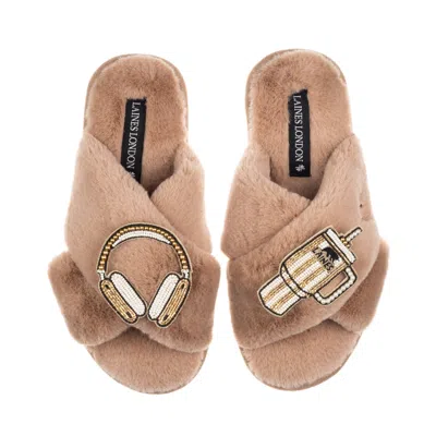 Laines London Women's Brown / Neutrals Classic Laines Slippers With Headphones & Quencher Brooches - Toffee