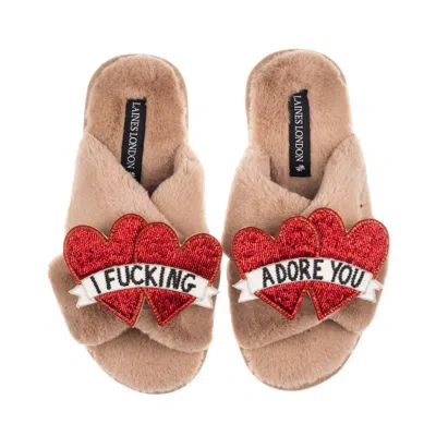 Laines London Women's Brown / Neutrals Classic Laines Slippers With I Fucking Adore You Brooches - Toffee