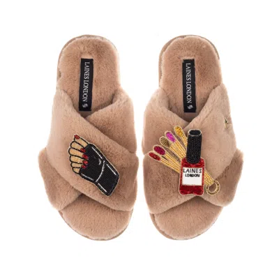 Laines London Women's Brown / Neutrals Classic Laines Slippers With Olive Nail Tech Brooches - Toffee