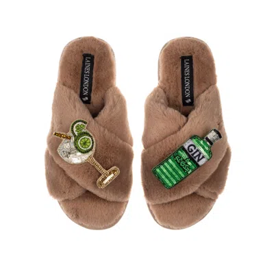Laines London Women's Brown / Neutrals Classic Laines Slippers With Original Gin & Glass Brooches -toffee