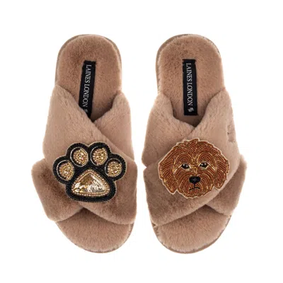 Laines London Women's Brown / Neutrals Classic Laines Slippers With Paw & Apricot Cockapoo Brooches - Toffee