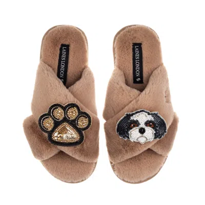 Laines London Women's Brown / Neutrals Classic Laines Slippers With Paw & Black & White Shih Tzu Brooches - Toffee