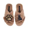Laines London Women's Brown / Neutrals Classic Laines Slippers With Paw & Black Sitting French Bulldog Brooches -  In Brown