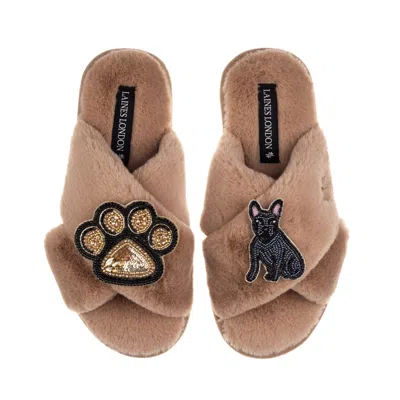 Laines London Women's Brown / Neutrals Classic Laines Slippers With Paw & Black Sitting French Bulldog Brooches - 