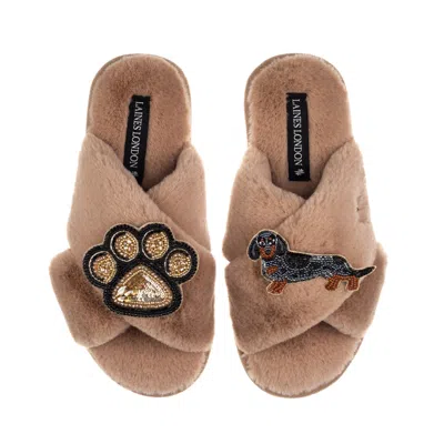 Laines London Women's Brown / Neutrals Classic Laines Slippers With Paw & Dapple Dachshund Brooches - Toffee