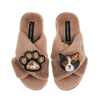 Laines London Women's Brown / Neutrals Classic Laines Slippers With Paw & Domestic Shorthair Calico Cat Brooches -