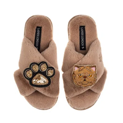 Laines London Women's Brown / Neutrals Classic Laines Slippers With Paw & Ginger Persian Cat Brooches - Toffee