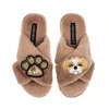 Laines London Women's Brown / Neutrals Classic Laines Slippers With Paw & Gold & White Shih Tzu Brooches - Toffee In Brown