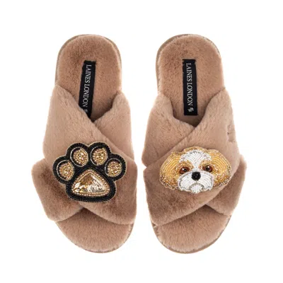 Laines London Women's Brown / Neutrals Classic Laines Slippers With Paw & Gold & White Shih Tzu Brooches - Toffee