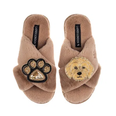 Laines London Women's Brown / Neutrals Classic Laines Slippers With Paw & Golden Cockapoo Brooches - Toffee