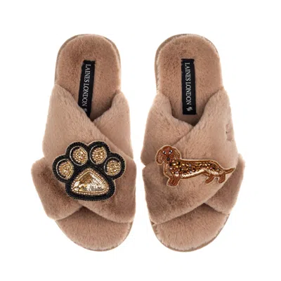 Laines London Women's Brown / Neutrals Classic Laines Slippers With Paw & Red Dachshund Brooches - Toffee In Animal Print