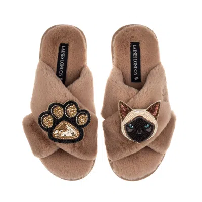 Laines London Women's Brown / Neutrals Classic Laines Slippers With Paw & Siamese Cat Brooches - Toffee