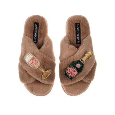 Laines London Women's Brown / Neutrals Classic Laines Slippers With Pink Champagne & Glass Brooches - Toffee