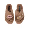 Laines London Women's Brown / Neutrals Classic Laines Slippers With Pink Lipstick & Lips Brooches - Toffee In Brown
