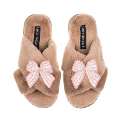 Laines London Women's Brown / Neutrals Classic Laines Slippers With Pink Stripe Bow Brooches - Toffee