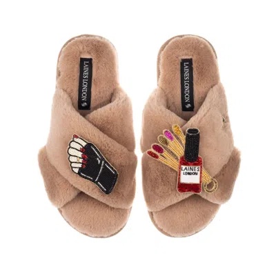 Laines London Women's Brown / Neutrals Classic Laines Slippers With Sand Nail Tech Brooches - Toffee
