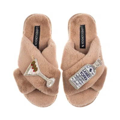 Laines London Women's Brown / Neutrals Classic Laines Slippers With Vodka Martini Brooches - Toffee