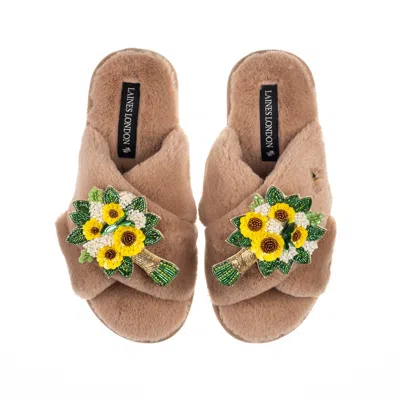 Laines London Women's Brown / Neutrals Classic Laines Slippers With Yellow Bouquet Brooches - Toffee