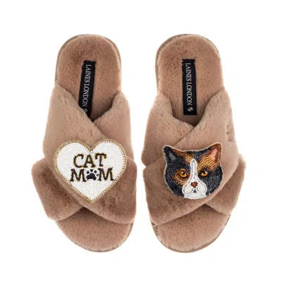 Laines London Women's Brown / Neutrals Classic Slippers With Cat Mum/mom & Domestic Shorthair Calico Cat Brooches 