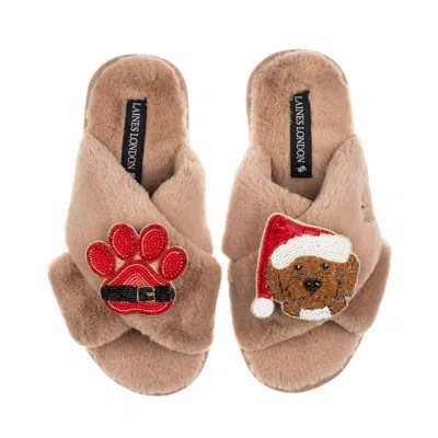 Laines London Women's Brown / Neutrals Classic Slippers With Christmas Brown Cockapoo & Paw Brooches - Toffee