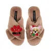 Laines London Women's Brown / Neutrals Classic Slippers With Christmas Chihuahua & Paw Brooches - Toffee In Brown
