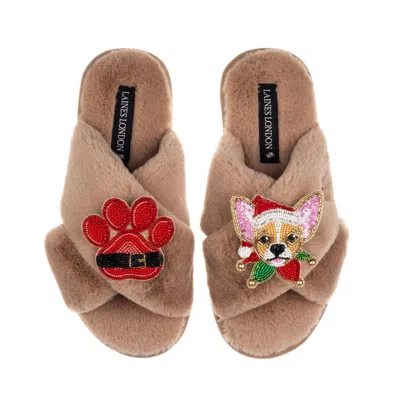Laines London Women's Brown / Neutrals Classic Slippers With Christmas Chihuahua & Paw Brooches - Toffee