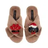 Laines London Women's Brown / Neutrals Classic Slippers With Christmas Dachshund & Paw Brooches - Toffee In Brown