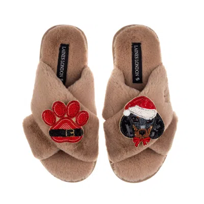 Laines London Women's Brown / Neutrals Classic Slippers With Christmas Dachshund & Paw Brooches - Toffee
