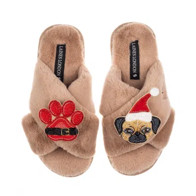 Laines London Women's Brown / Neutrals Classic Slippers With Christmas Fawn Pug & Paw Brooches - Toffee