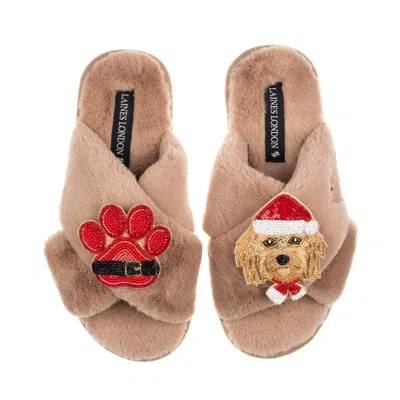 Laines London Women's Brown / Neutrals Classic Slippers With Christmas Golden Cavapoo & Paw Brooches - Toffee