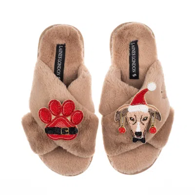 Laines London Women's Brown / Neutrals Classic Slippers With Christmas Greyhound & Paw Brooches - Toffee