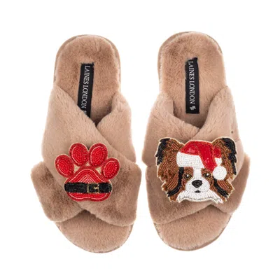Laines London Women's Brown / Neutrals Classic Slippers With Christmas Papillon & Paw Brooches - Toffee