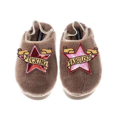 Laines London Women's Brown / Neutrals Flatform Cloud Slippers With Red & Pink Fucking Fabulous Brooches - Mink
