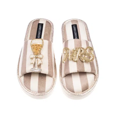 Laines London Women's Brown / Neutrals Flatform Stripe Open Toe Slippers With Mrs & Champers Brooches - Beige & Cr In Animal Print